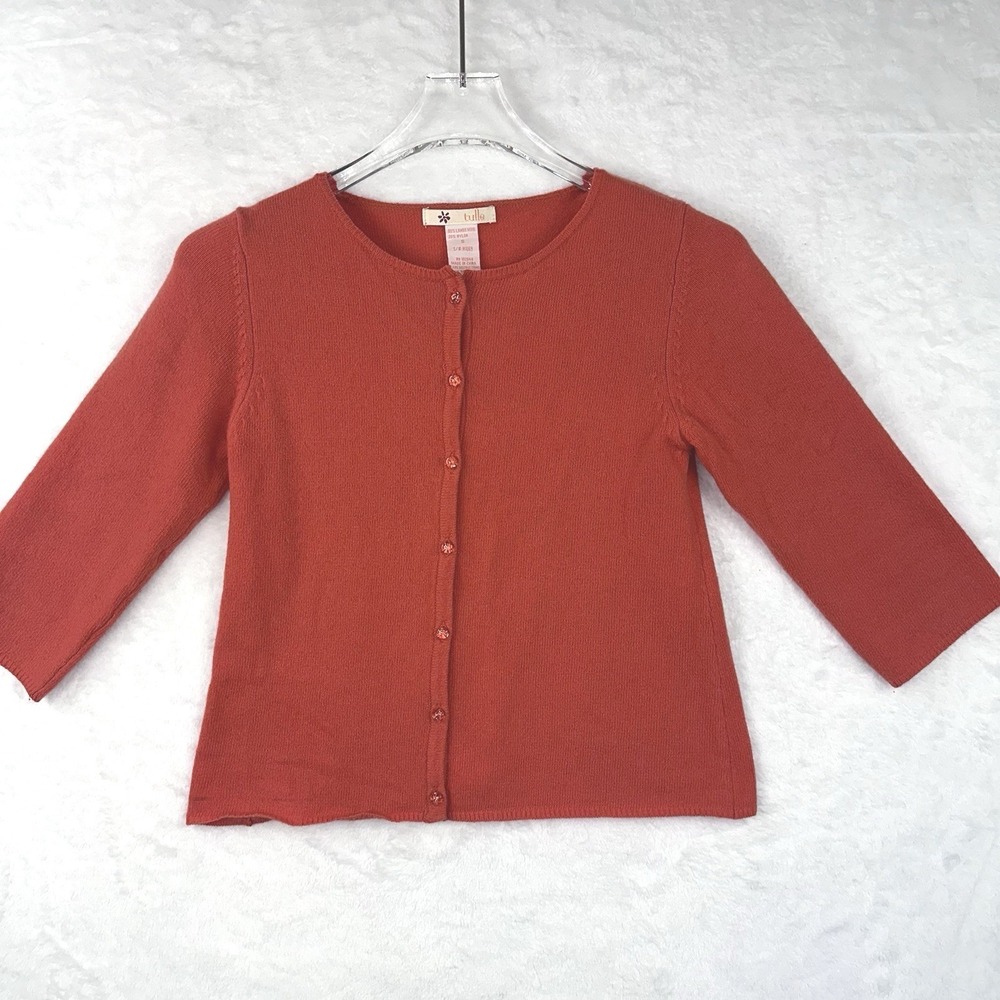 Tulle Cropped Orange Knitted Cardigan Size S Lambs Wool‎ Nylon